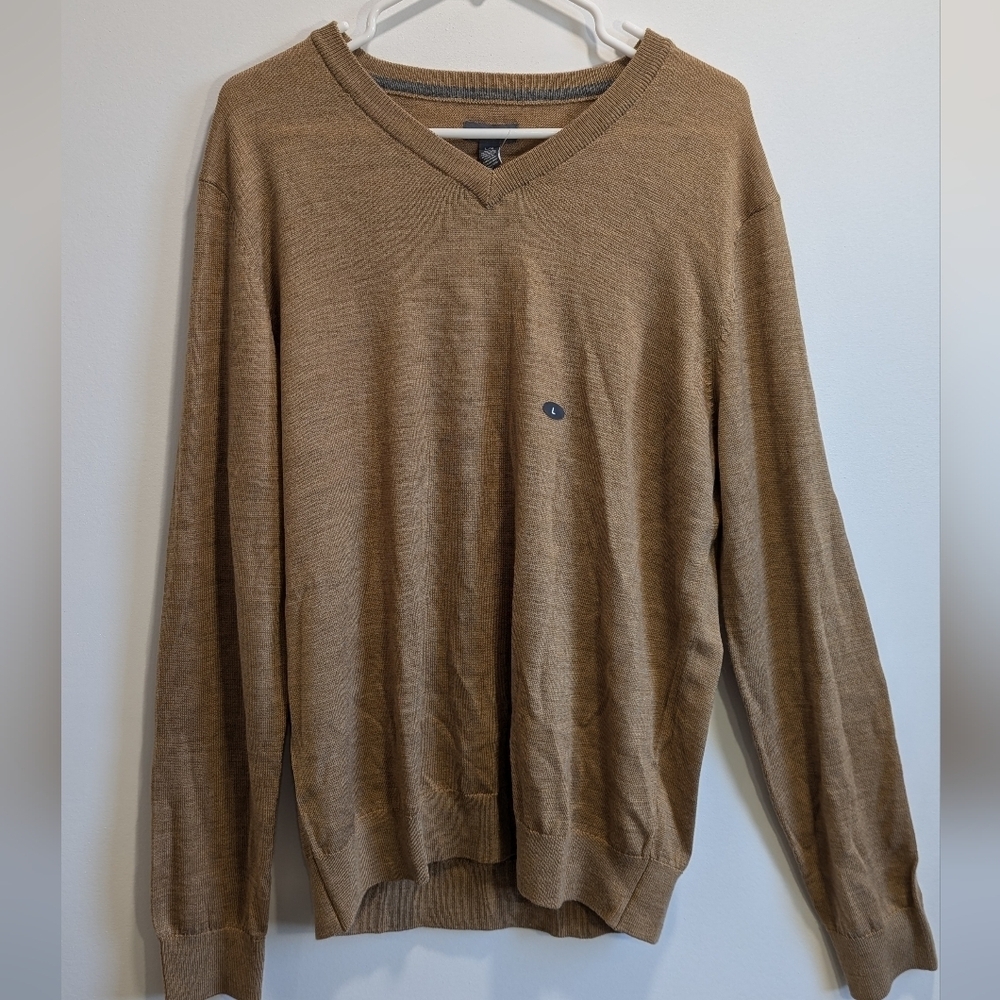 NWT Van Heusen Men's VNeck Merino Wool Blend Long Sleeve Ltweight Tan Sweater, L